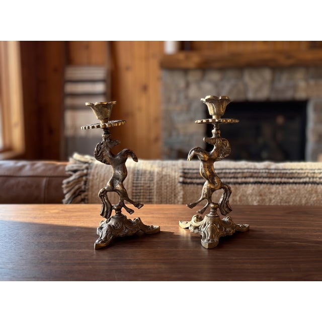 Antiqued Brass Horse Candlestick Pair For Sale - Image 4 of 10