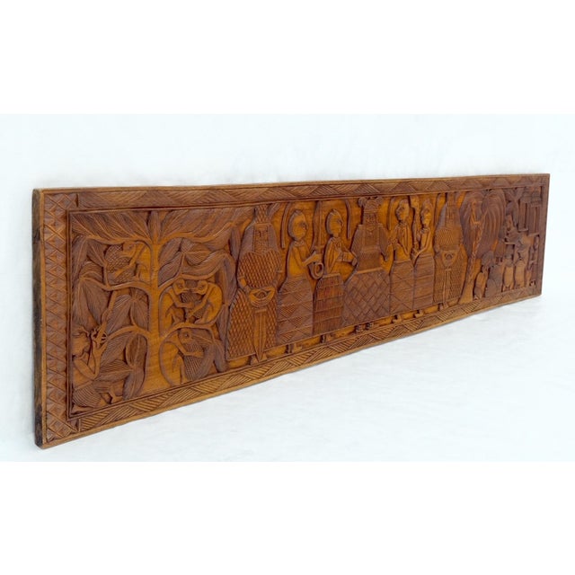 Wood Carved Solid Teak Long Rectangle Wall Plaque Relief Sculpture Depicting Villager For Sale - Image 7 of 14