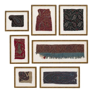 Collection of Antique Kashmiri Textile Fragments in Gilt Frames – Set of 7 For Sale