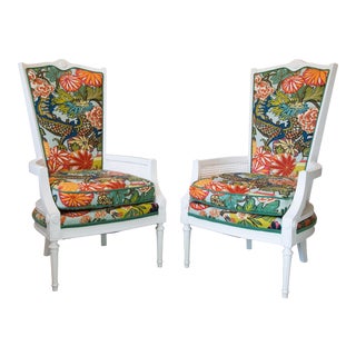 Vintage Caned Chairs in Schumacher Chiang Mai Dragon For Sale