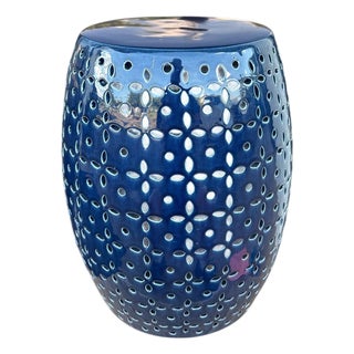 Lovell Blue Glaze Petal Pierced Garden Stool For Sale