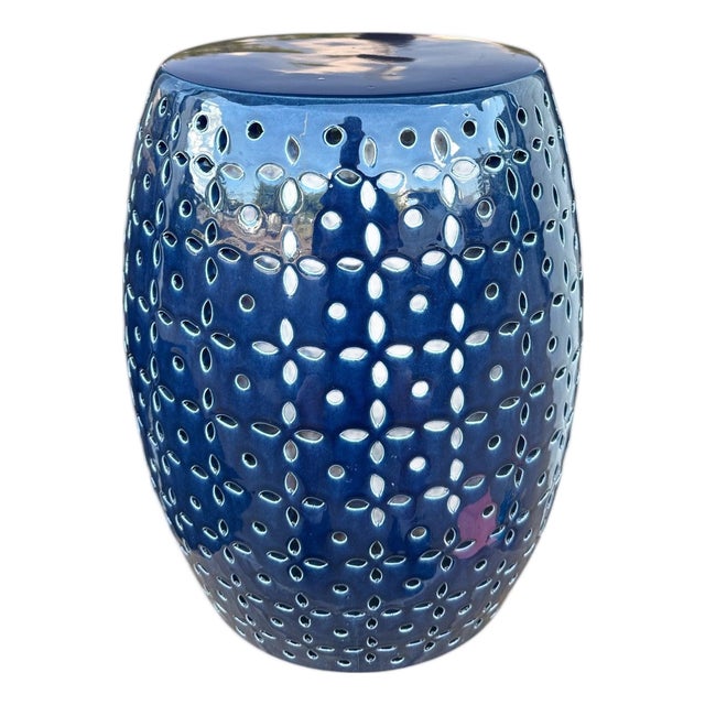 Lovell Blue Glaze Petal Pierced Garden Stool For Sale