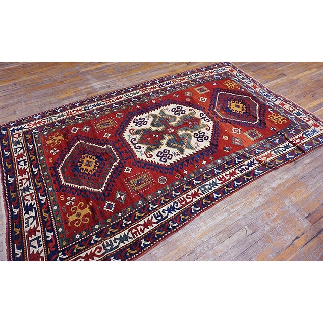 Modern Striking Jewel-Toned Lori Pambak Kazak Rug on Red Background Color With Medallion Pattern For Sale - Image 3 of 9