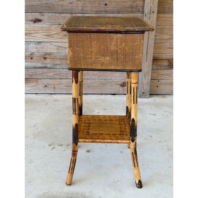 Late 19th Century Restored Scorched Bamboo Sewing Stand With Woven Rattan Top For Sale - Image 10 of 11