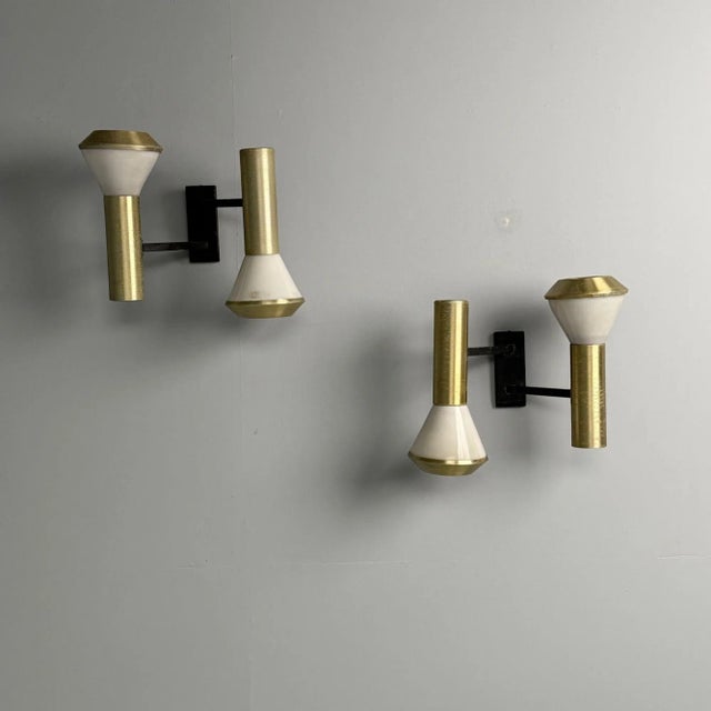 Mid-Century Modern Stilux, Italian Mid-Century Modern, Wall Sconces, Brass, Aluminum, Italy, 1960s For Sale - Image 3 of 9