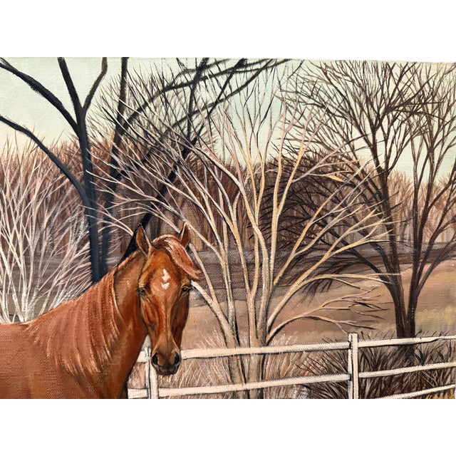Andrew Wyeth Mid Century Oil Painting of a Chestnut Horse in a Idyllic Winter Landscape For Sale - Image 4 of 6
