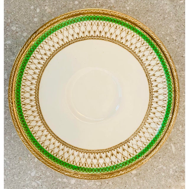 Early 20th Century Antique English Bone China J & G Meakin Tea, Coffee Cup & Saucer, Westminster Pattern Featuring an Intricate Green & Gold Band on White- Set of 6 For Sale - Image 5 of 12