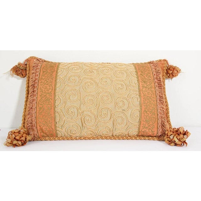 Middle Eastern Moorish style decorative throw pillow with fringes and tassels.Luxury gold silk with embroidered sides and...