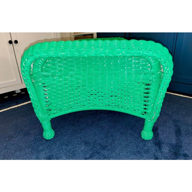 Hollywood Regency Vintage Henry Link Style Palm Beach Green Wicker Bench With Lilly Pulitzer Cushion For Sale - Image 3 of 7