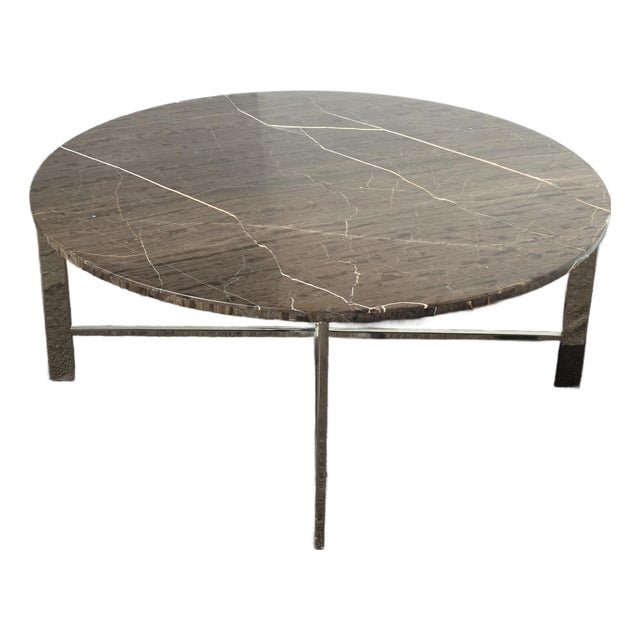 Vintage Modern Marble Style & Chrome Brown Coffee Table For Sale