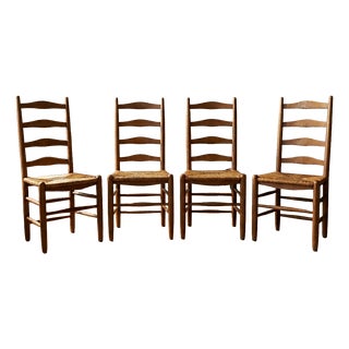Rustic Ladder Back Dining Chairs in Oak and Rush Seats, Belgium, 1960s, Set of 4 For Sale