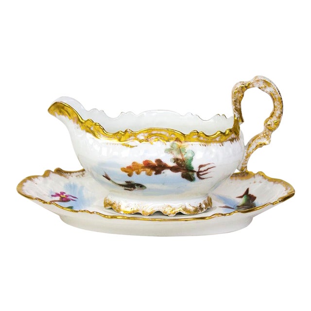 Limoges France Gravy Boat With Under Plate With Fish Motif a Pair
