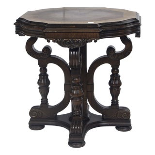 Octagonal Jacobean Revival Carved Oak Center Table – Figural Scroll Base & Bookmatched Veneer Top, C. 1920s For Sale