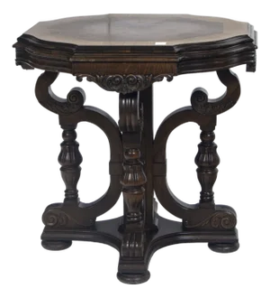 Octagonal Jacobean Revival Carved Oak Center Table – Figural Scroll Base & Bookmatched Veneer Top, C. 1920s