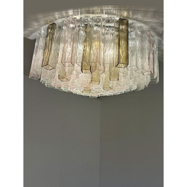 Mid-Century Modern Contemporary Clear, Pink and Fumè “Squares” Murano Glass Flush Mount For Sale - Image 3 of 5