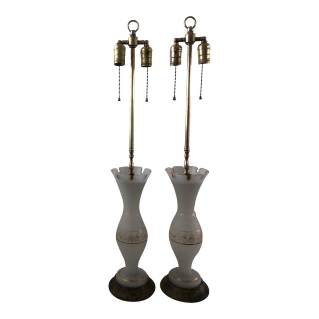 Antique Opaline and Gold Trim Table Lamps - a Pair For Sale
