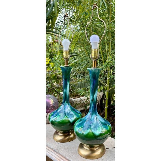 Vintage 1960s Ceramic Drip Glazed Green Blue Brass Table Lamps - a Pair For Sale - Image 4 of 12