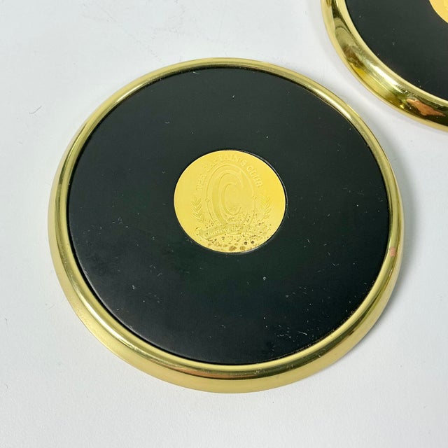 1990s Vintage Hollywood Regency Traditional Brass & Leather Coasters - Set of 5 For Sale - Image 10 of 10