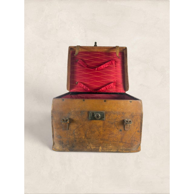 Antique English Leather Hat Box with Red Silk Interior & “T.S.” Initials Monogrammed "T.S." imprinted on both sides, and...