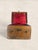 Antique English Leather Hat Box with Red Silk Interior & “T.S.” Initials Monogrammed "T.S." imprinted on both sides, and...