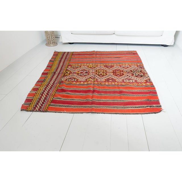 Textile Mid 20th Century Vibrant Red, Orange & Yellow Flatweave Kilim For Sale - Image 7 of 10