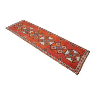 Hand-Knotted Tribal Geometric Design Turkish Runner Rug . Hallway Rug Kitchen Decor - 3′3″ X 10′4″ For Sale
