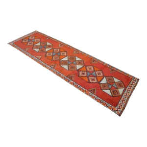Hand-Knotted Tribal Geometric Design Turkish Runner Rug . Hallway Rug Kitchen Decor - 3′3″ X 10′4″