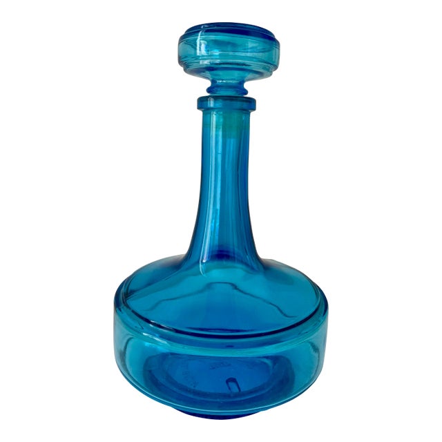 Vintage Mid-Centuy Modern Blue Glass Decanter Bottle With Stopper For Sale