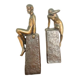 1960s Antique Mid-Century Nude Figural Neoclassical Bronze Bookends - Set of 2 For Sale