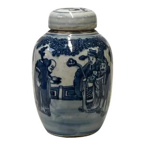 Chinese Blue White Ceramic 3 Gods Graphic Container Urn Jar
