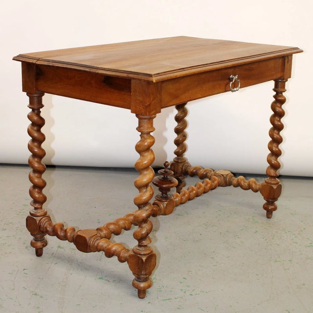 Wood French Walnut Table With Barley Twist Legs and Stretcher, 19th Century For Sale - Image 7 of 9