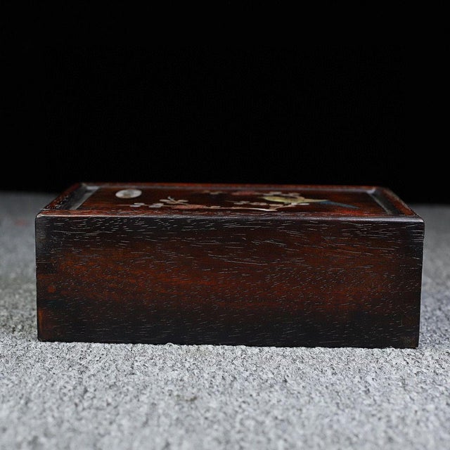 Brown Vintage Chinese Huali Wood Jewelry Box With Mother of Pearl Bird & Flower Inlay For Sale - Image 8 of 9