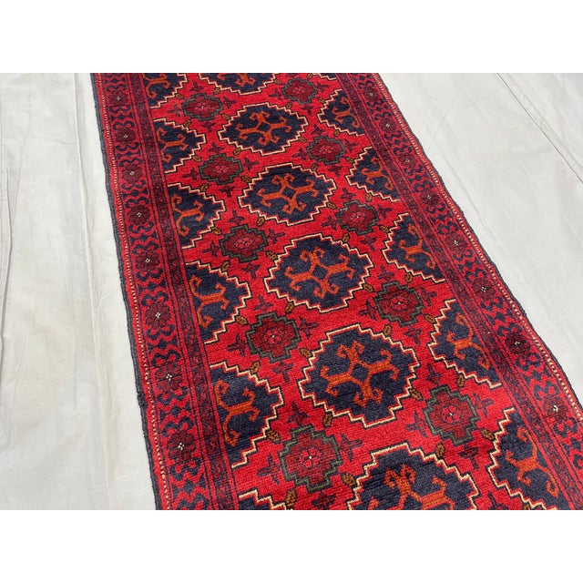 1990s Red & Navy Geometric Medallion Tribal Runner Rug, 2'6" X 9'8" For Sale - Image 5 of 16