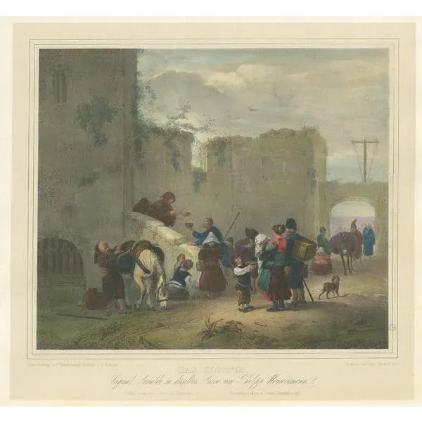Antique print titled 'Das Kloster'. Lithograph, on chine collé, depicting travellers halting at a convent. Published after...