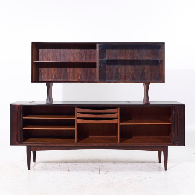Bernhard Pedersen Mid Century Danish Rosewood Tambour Door Credenza and Hutch The credenza measures: 82.75 wide x 19.5...
