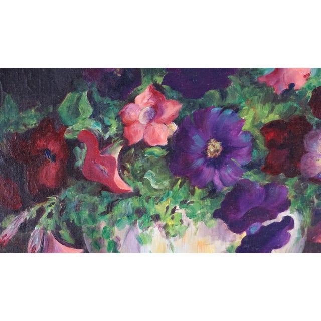 1930s 1930s Vibrant Floral Still Life With Petunias and Candle Stick by Jennie Thatcher Crawford For Sale - Image 5 of 7