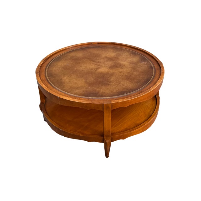 Baker Furniture Company Mid 20th Century French Provincial Round Coffee Table With Gold-Embossed Inset & Cabriole Legs For Sale - Image 4 of 7