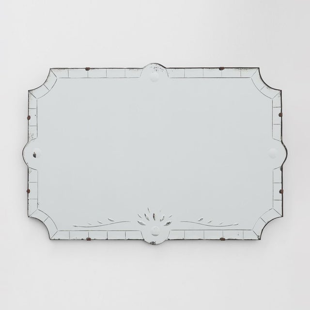 French Venetian Style Frameless Mirror with Bevelled Border and Engraved Floral Motif, 1920 For Sale - Image 11 of 11