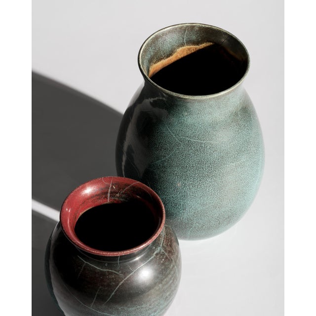 Art Deco Bauhaus Studio Stoneware Vases in Turquoise Reduction Glaze by Richard Uhlemeyer, Germany, 1940s, Set of 2 For Sale - Image 4 of 18
