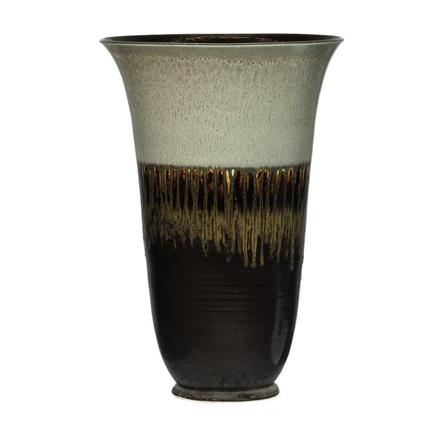 Late 20th Century Artisan Large Ceramic Planter with Green-Grey, Brown, and Ochre Drip Glaze For Sale - Image 14 of 18