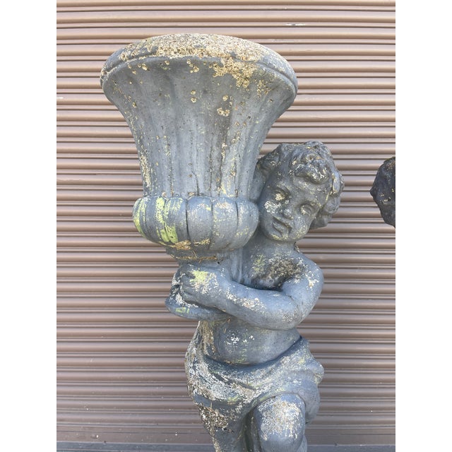 Sculpture Materials 1940s Pair of Grand 39" Tall Neoclassical Cast Stone Putti Figure Planters With Mossy Patina For Sale - Image 7 of 14