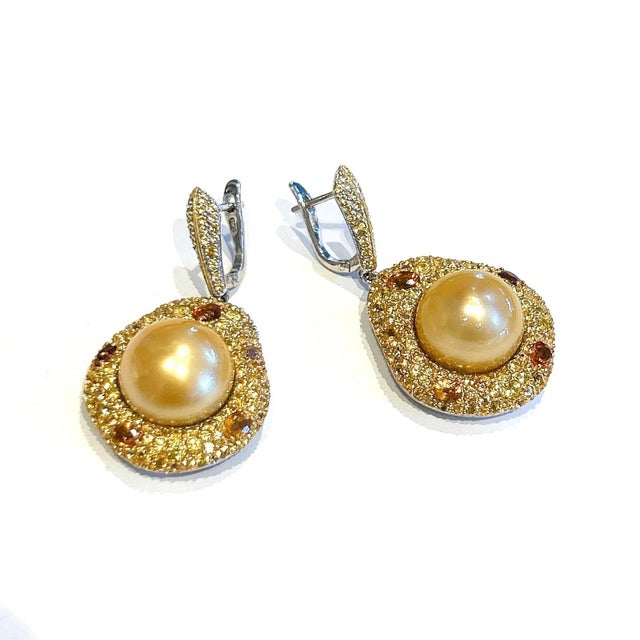 Bochic “Orient” Vintage Yellow Sapphire & Golden Pearl Earrings Set 18K Gold & Silver Natural Yellow Sapphire 5 Carats...