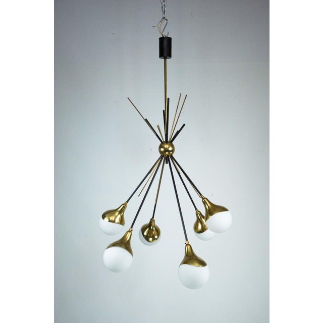 Mid-Century Italian Brass and Opaline Glass Chandelier from Stilnovo, 1950s For Sale - Image 9 of 16