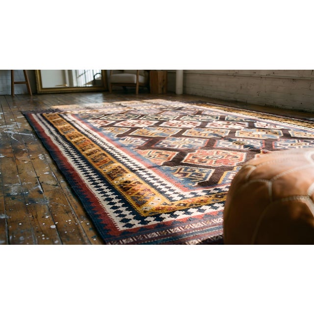 Navy Blue 1900s Blue Navy Geometric Kilim Antique Persian Ghashgaie Flat-Weave 6' X 10' Wool Carpet For Sale - Image 8 of 9