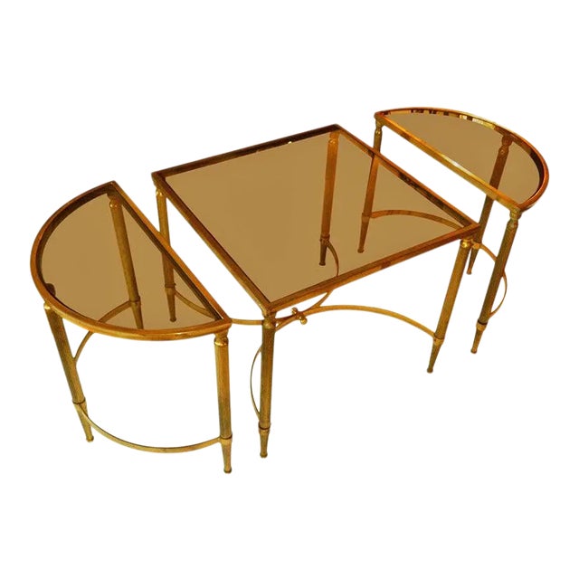 Maison Lancel Brass & Smoked Glass Three Parts Coffee Table Mid-Century Modern For Sale