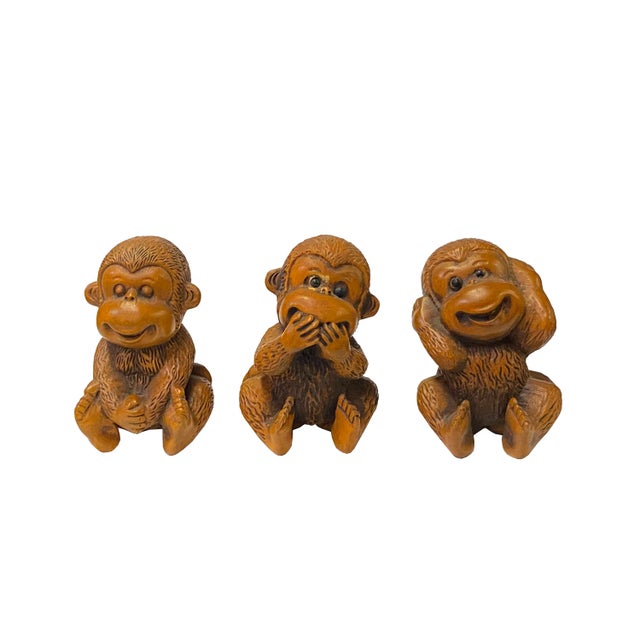 Chinese 3 Pieces Wood Carved Mini Monkey Figures For Sale In San Francisco - Image 6 of 6