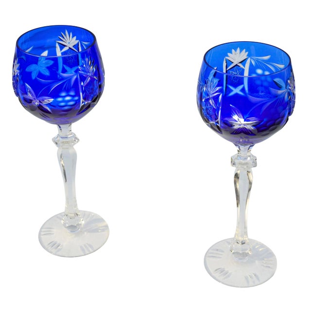 Mid-Century Modern Mid 20th Century Blue Handblown Cut-to-Clear Crystal Stems- Set of 2 For Sale - Image 3 of 6