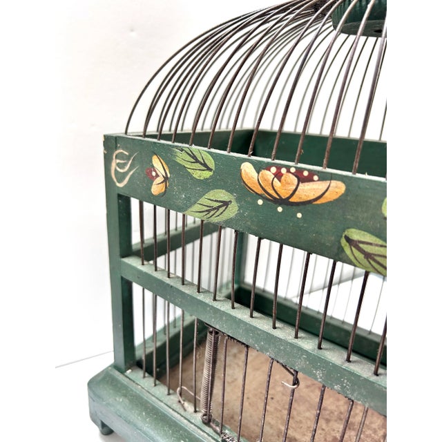 1900 - 1909 Antique Hand-Painted Green Wood and Wire Birdcage For Sale - Image 5 of 11