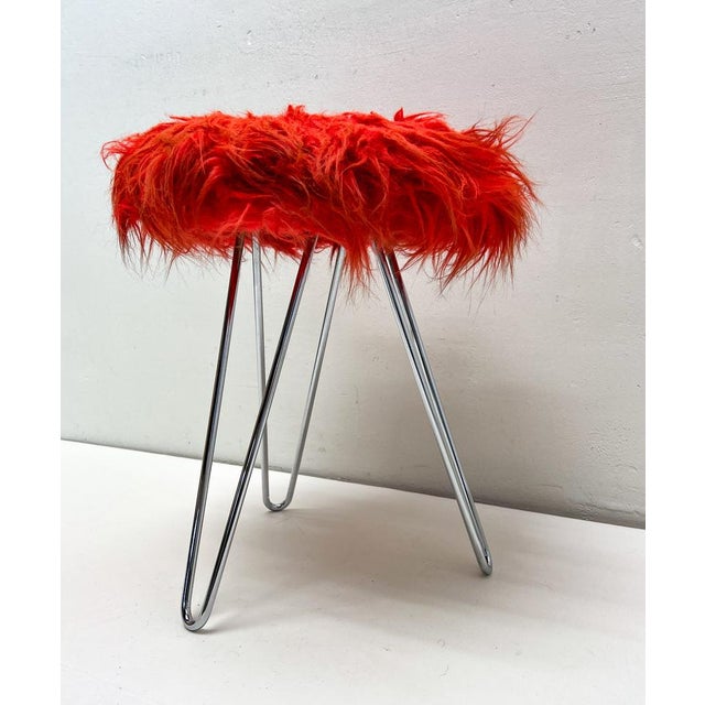 Metal Tripod Fluffy Stool on Chromed Steel Hairpin Legs, 1950s For Sale - Image 7 of 12
