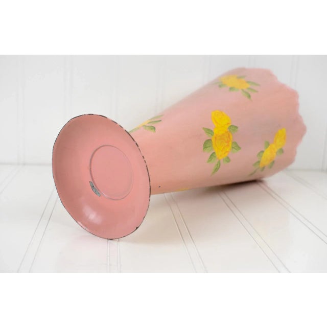 Vintage 1960's Pink With Yellow Flowers Metal Tin Vase For Sale - Image 9 of 12